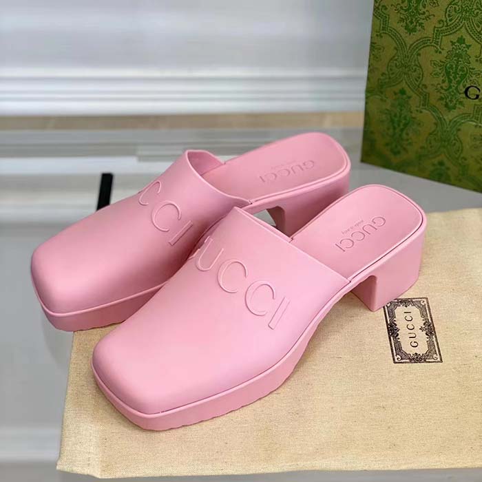 G*u*i women gg slip-on sandal pink rubber embossed logo square toe chevron