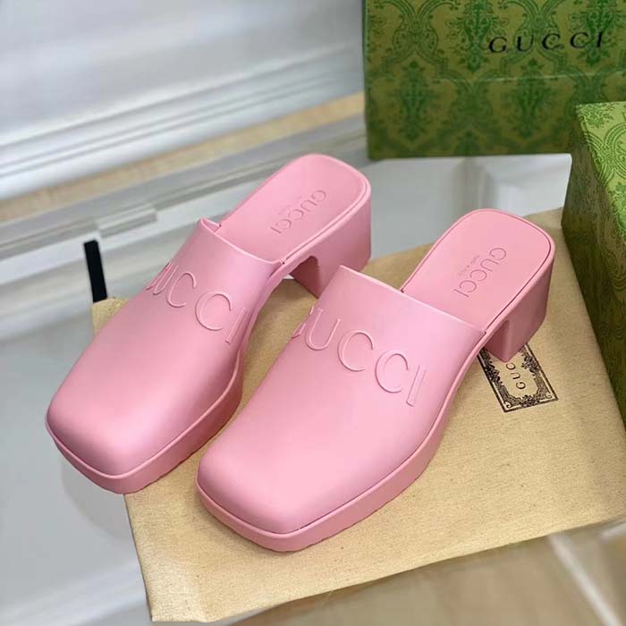 G*u*i women gg slip-on sandal pink rubber embossed logo square toe chevron