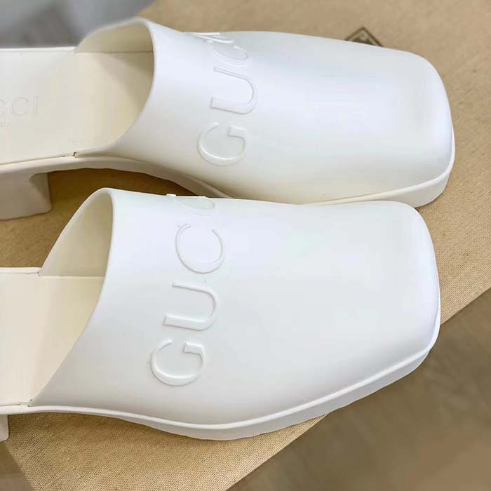 G*u*i women gg slip-on sandal white rubber embossed logo square toe chevron
