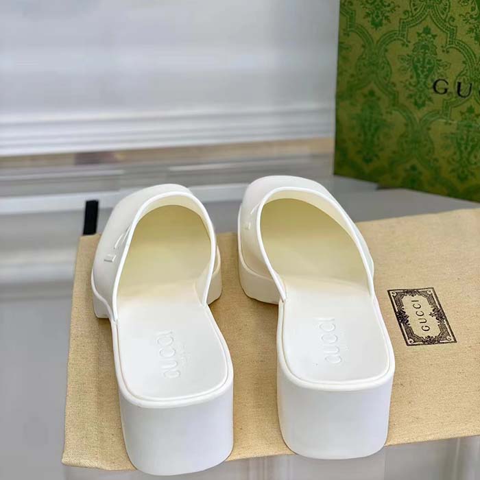 G*u*i women gg slip-on sandal white rubber embossed logo square toe chevron
