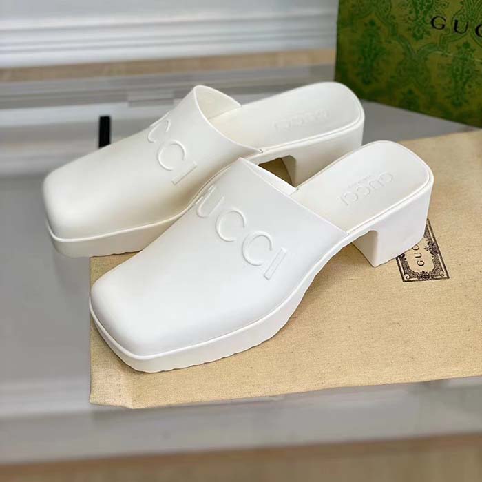 G*u*i women gg slip-on sandal white rubber embossed logo square toe chevron