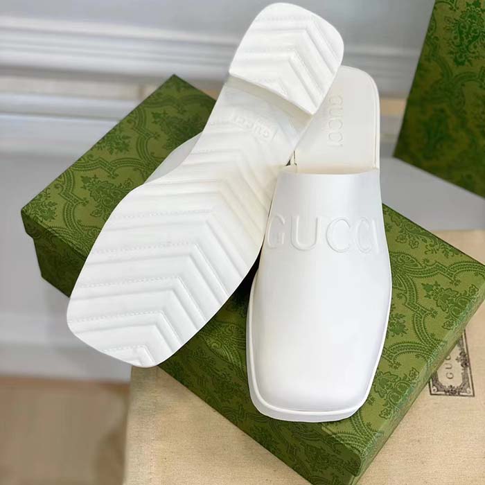 G*u*i women gg slip-on sandal white rubber embossed logo square toe chevron