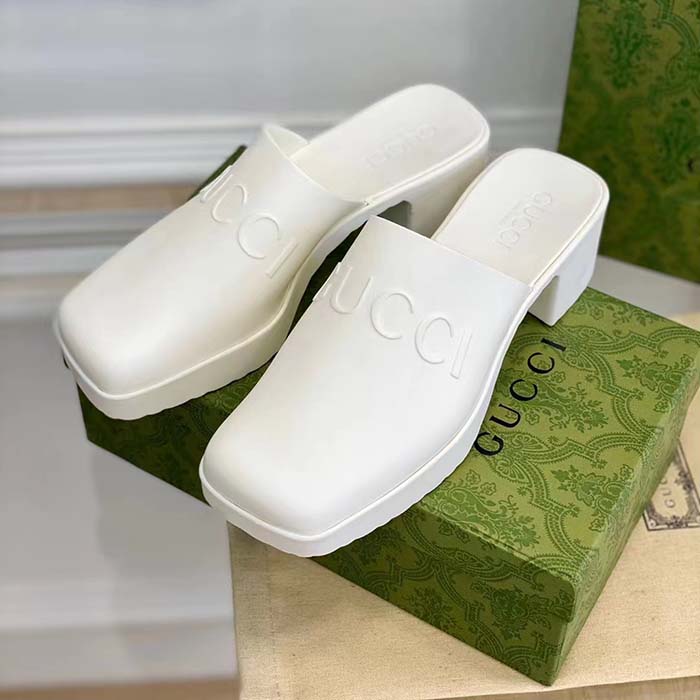 G*u*i women gg slip-on sandal white rubber embossed logo square toe chevron
