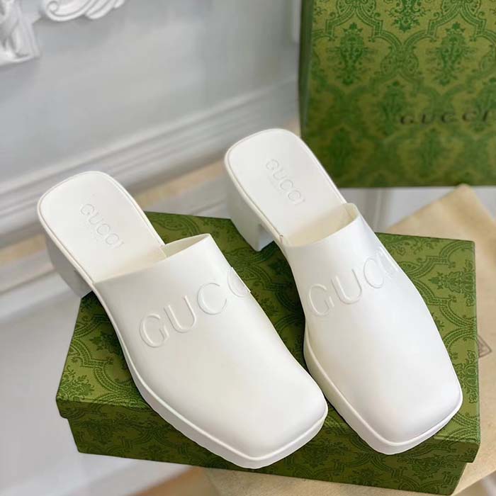 G*u*i women gg slip-on sandal white rubber embossed logo square toe chevron
