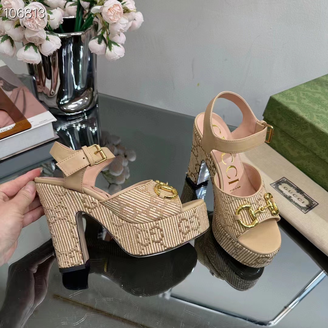 G*u*i women horsebit platform sandal natural gg raffia high 12 cm heel