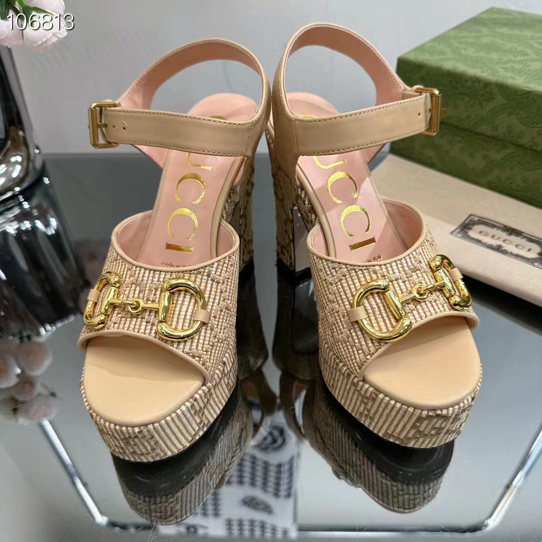 G*u*i women horsebit platform sandal natural gg raffia high 12 cm heel