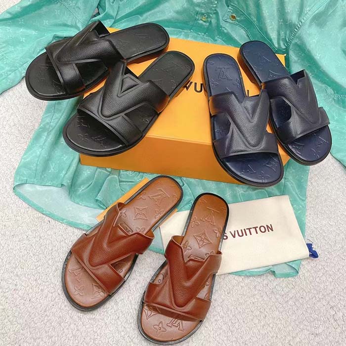 Louis Vuitton LV Unisex Oasis Mule Navy Blue Grained Calf Leather Rubber Outsole