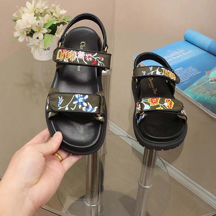 Dior Women CD Dioract Sandal Black Multicolor Technical Fabric Embroidered Petites Fleurs Motif