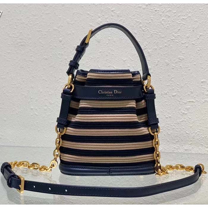 Dior Women CD Medium C’est Dior Bag Natural Denim Blue Marinière Raffia