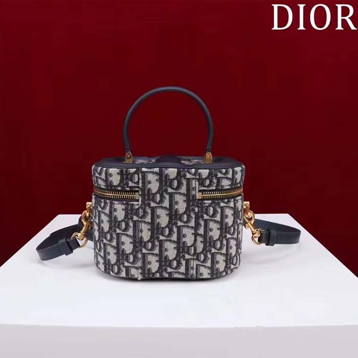 Dior Women Small CD Signature Vanity Case Blue Oblique Jacquard Leather Handle