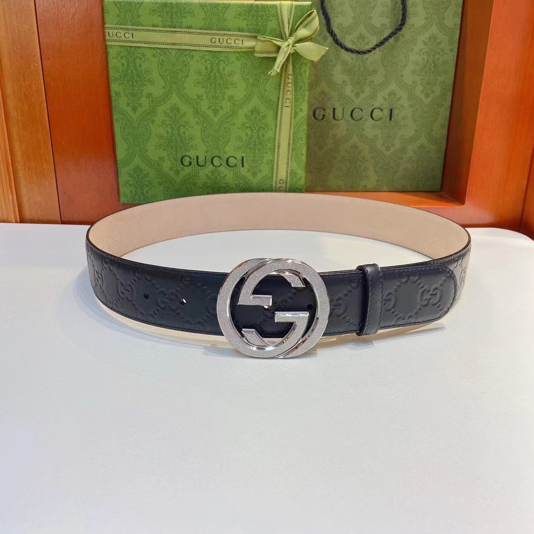 G*u*i gg unisex signature leather belt black interlocking g buckle 3.8 cm width