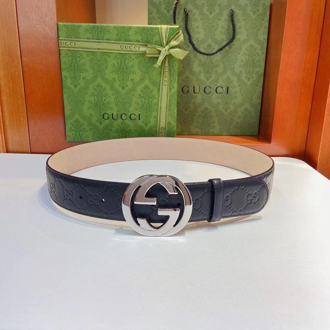G*u*i gg unisex signature leather belt black interlocking g buckle 3.8 cm width
