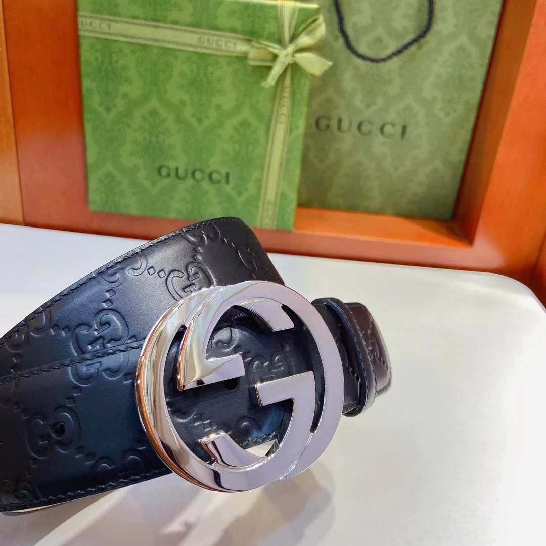 G*u*i gg unisex signature leather belt black interlocking g buckle 3.8 cm width