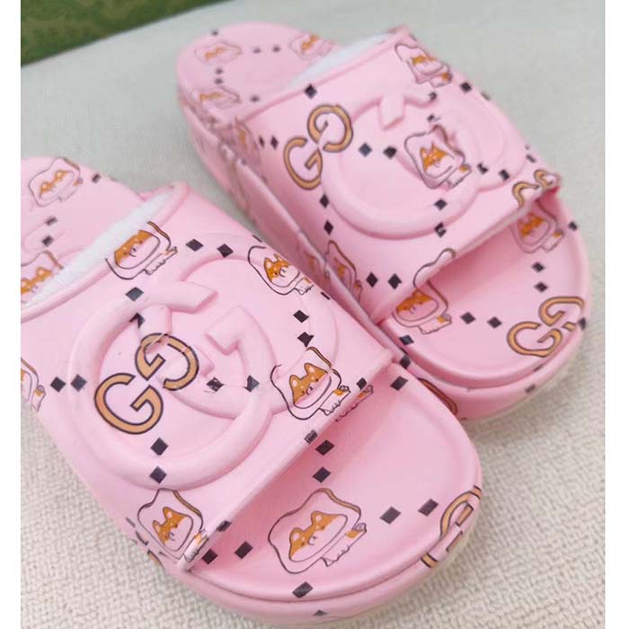 G*u*i unisex gg animal print rubber slide sandal pink embossed interlocking g low heel