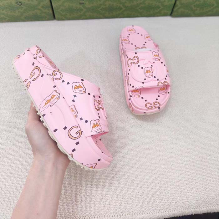 G*u*i unisex gg animal print rubber slide sandal pink embossed interlocking g low heel