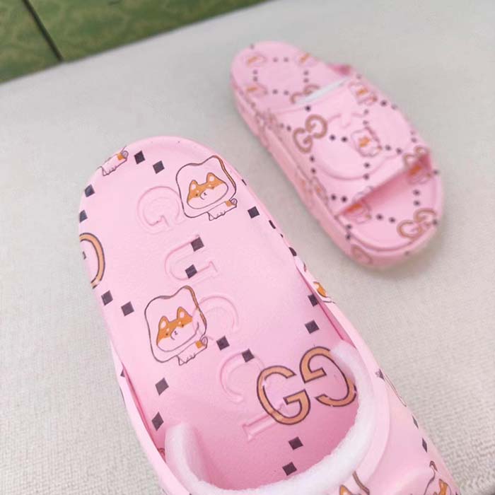 G*u*i unisex gg animal print rubber slide sandal pink embossed interlocking g low heel