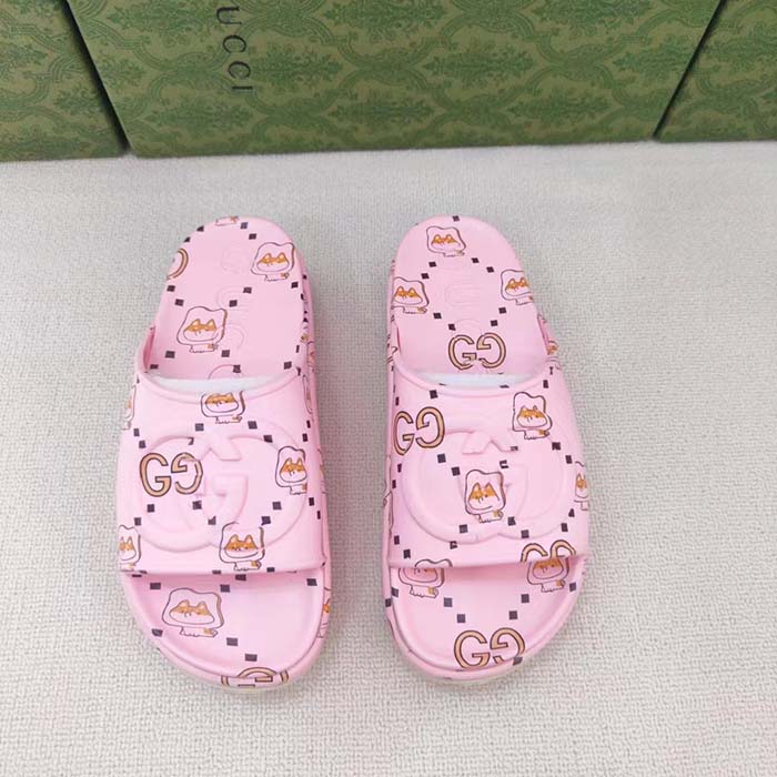 G*u*i unisex gg animal print rubber slide sandal pink embossed interlocking g low heel