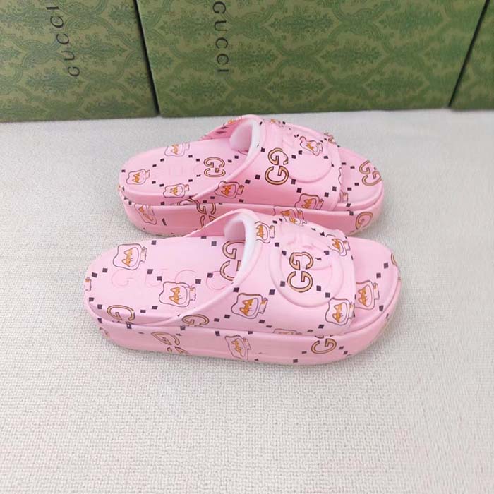 G*u*i unisex gg animal print rubber slide sandal pink embossed interlocking g low heel