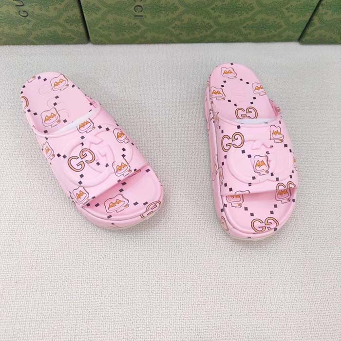G*u*i unisex gg animal print rubber slide sandal pink embossed interlocking g low heel