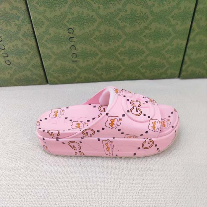 G*u*i unisex gg animal print rubber slide sandal pink embossed interlocking g low heel