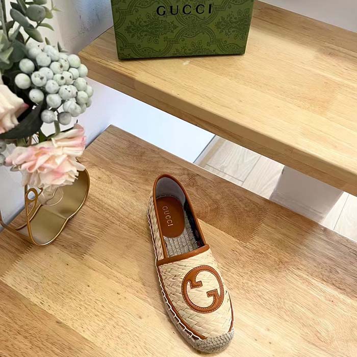 G*u*i unisex gg interlocking g espadrille natural raffia leather round