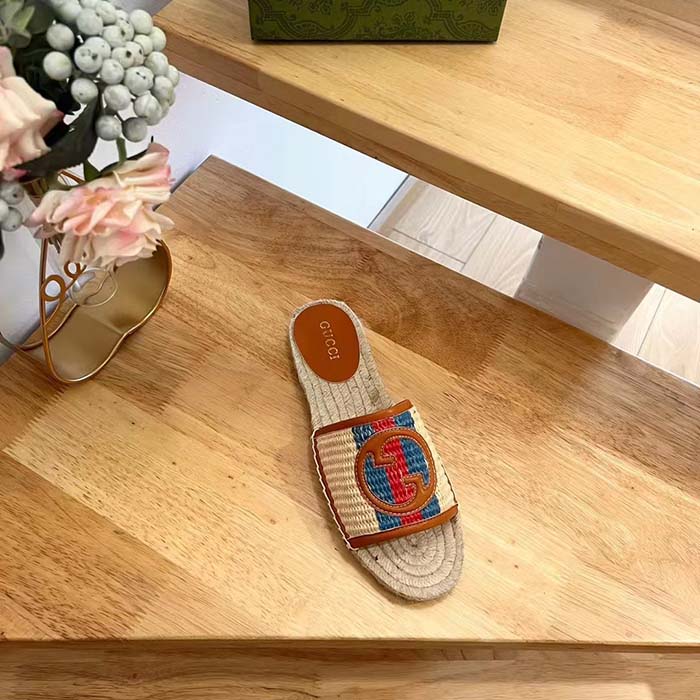 G*u*i unisex gg interlocking g espadrille natural raffia leather round flat sandal