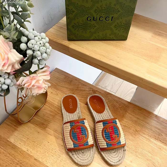 G*u*i unisex gg interlocking g espadrille natural raffia leather round flat sandal