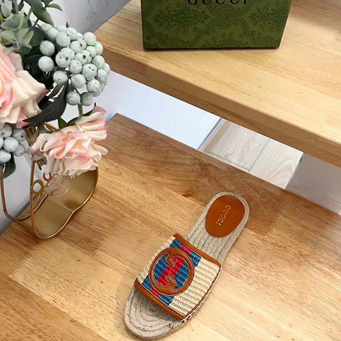 G*u*i unisex gg interlocking g espadrille natural raffia leather round flat sandal