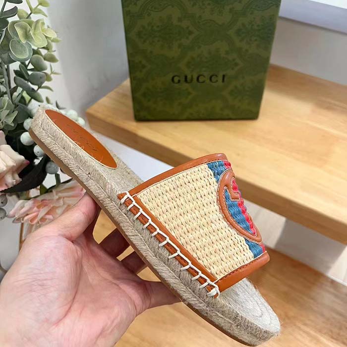 G*u*i unisex gg interlocking g espadrille natural raffia leather round flat sandal
