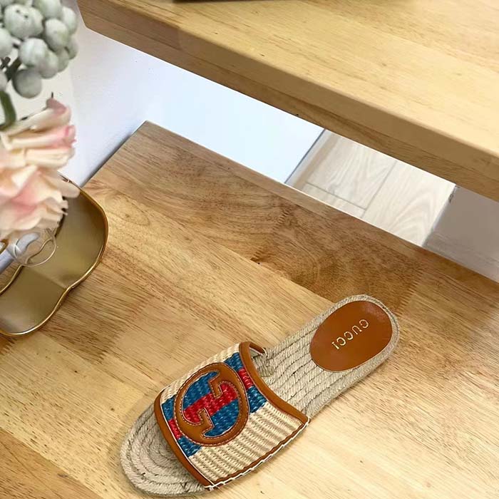G*u*i unisex gg interlocking g espadrille natural raffia leather round flat sandal