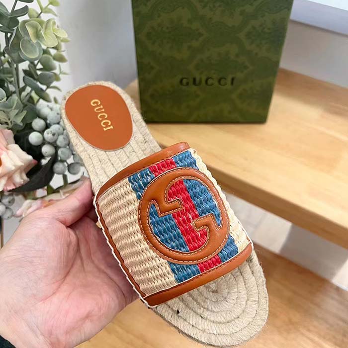 G*u*i unisex gg interlocking g espadrille natural raffia leather round flat sandal