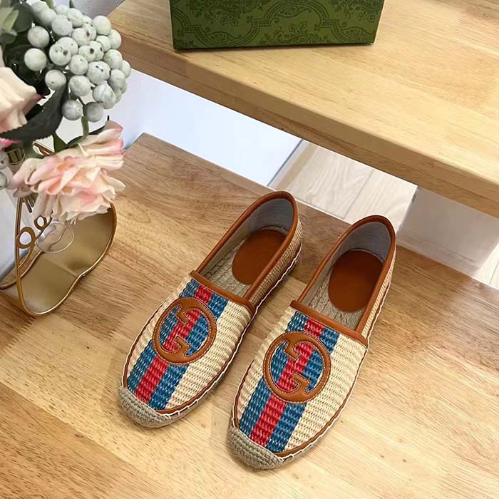 G*u*i unisex gg interlocking g espadrilles natural raffia brown leather round toe flat