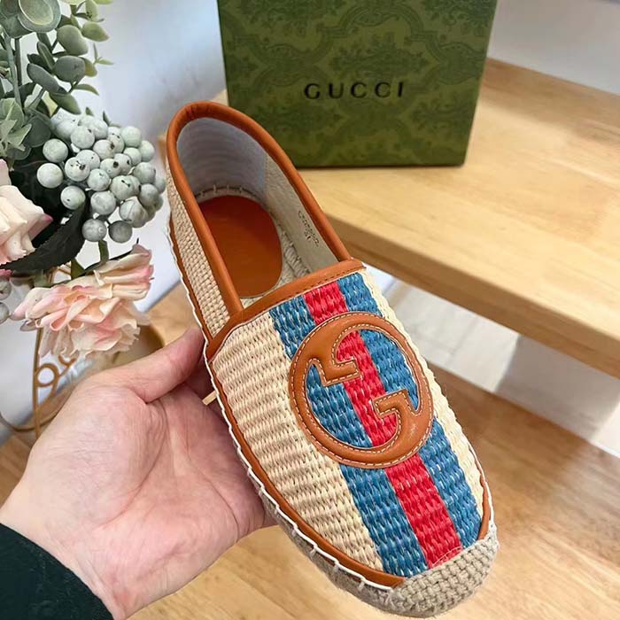 G*u*i unisex gg interlocking g espadrilles natural raffia brown leather round toe flat