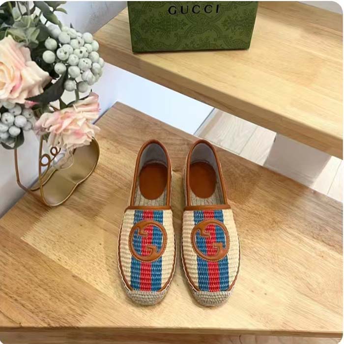 G*u*i unisex gg interlocking g espadrilles natural raffia brown leather round toe flat
