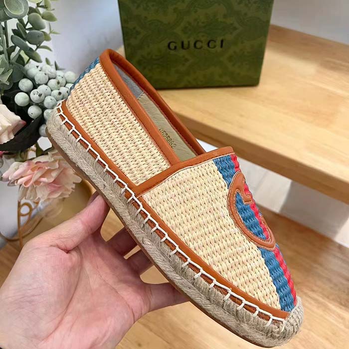 G*u*i unisex gg interlocking g espadrilles natural raffia brown leather round toe flat