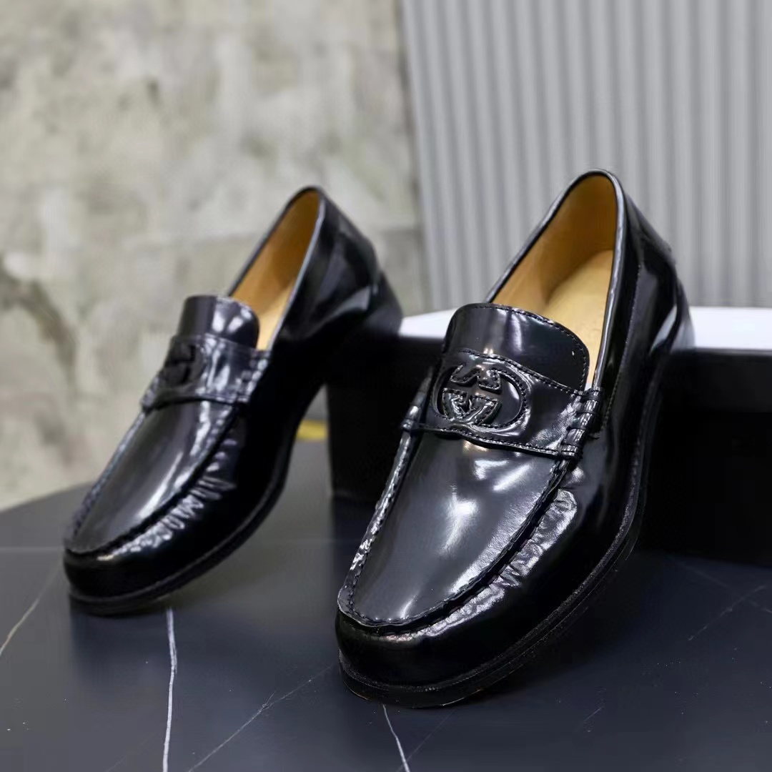 G*u*i unisex gg interlocking g loafer black leather flat 1.5 cm heel