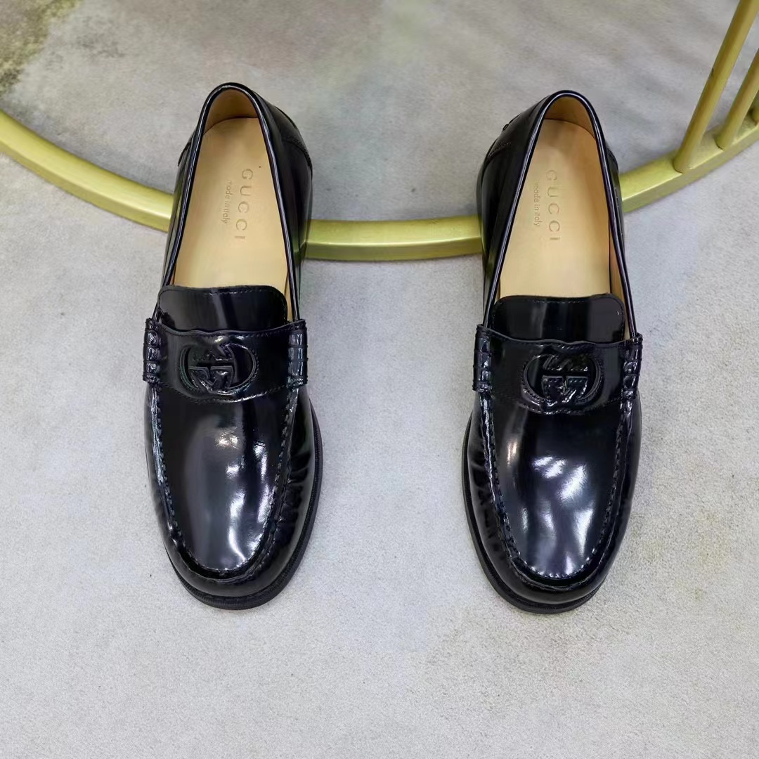 G*u*i unisex gg interlocking g loafer black leather flat 1.5 cm heel