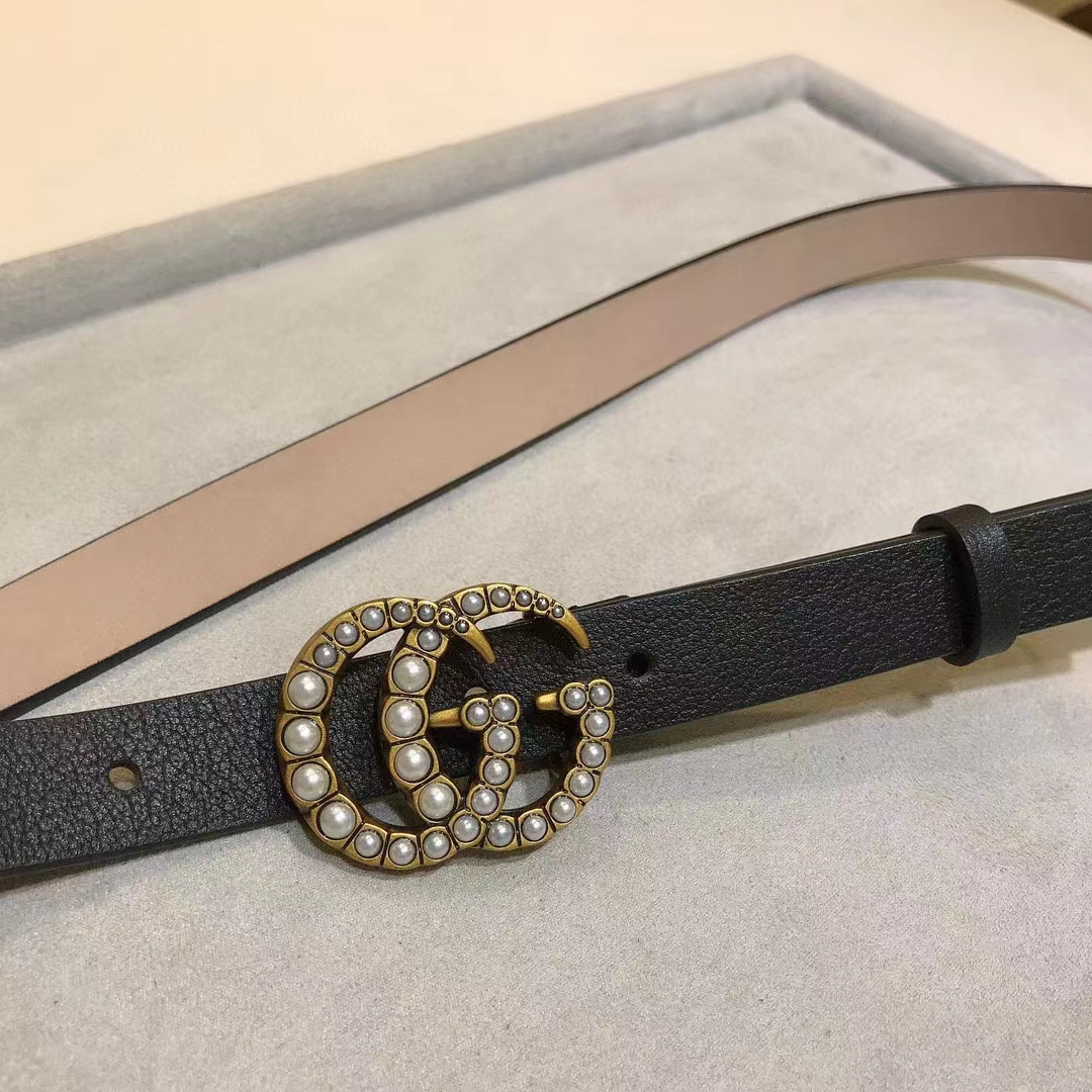 G*u*i unisex gg leather belt pearl double g buckle black 2 cm width