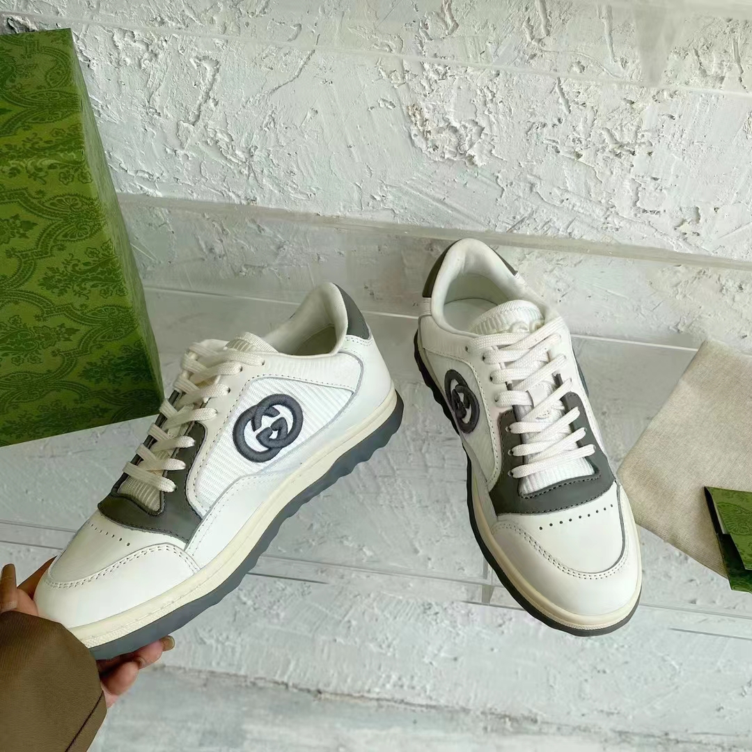 G*u*i unisex gg mac80 sneaker off white grey leather round toe rubber flat