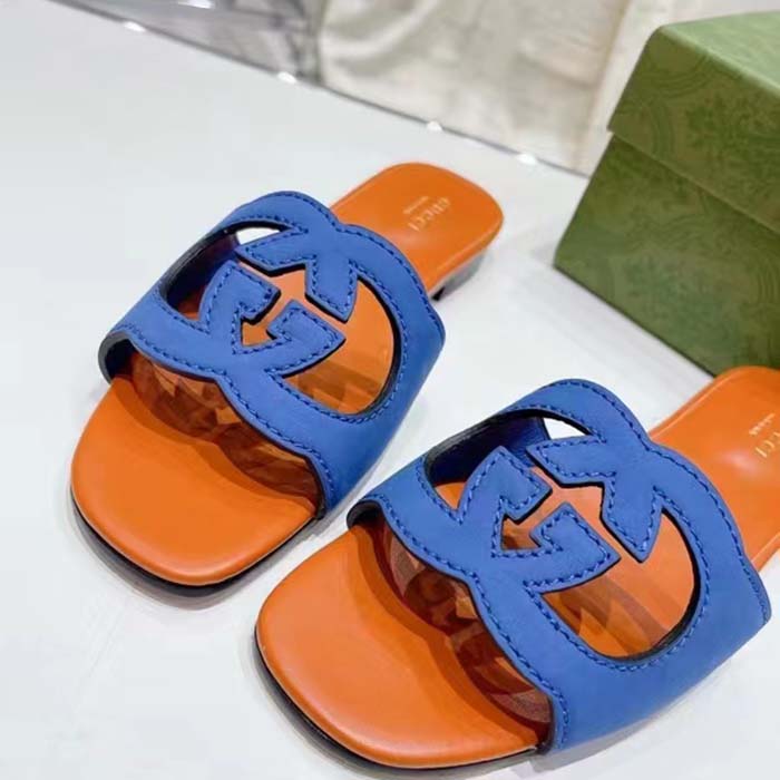 G*u*i unisex interlocking g cut-out slide sandal blue orange suede flat