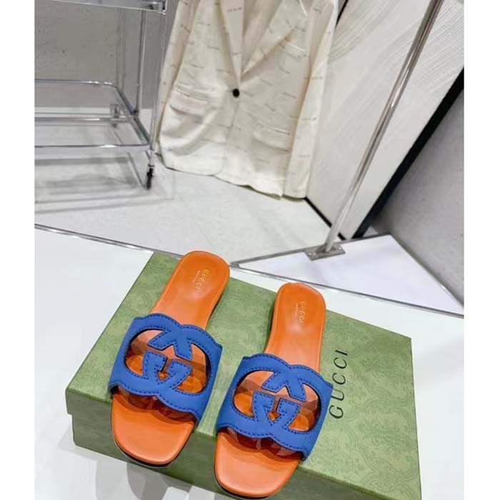 G*u*i unisex interlocking g cut-out slide sandal blue orange suede flat