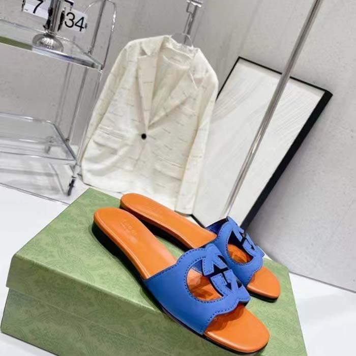G*u*i unisex interlocking g cut-out slide sandal blue orange suede flat