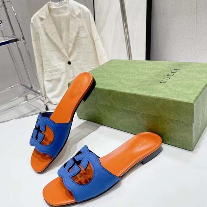 G*u*i unisex interlocking g cut-out slide sandal blue orange suede flat