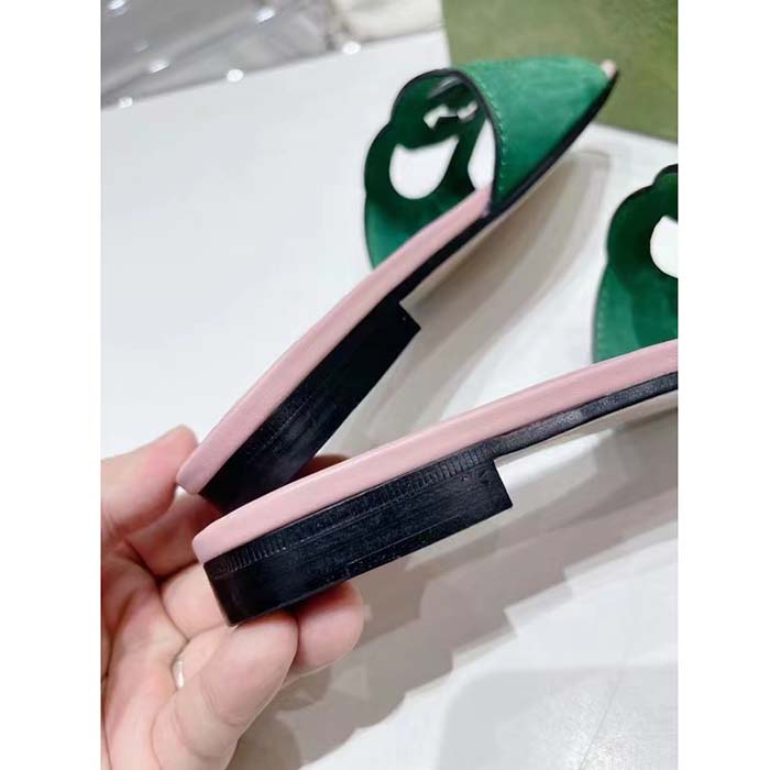 G*u*i unisex interlocking g cut-out slide sandal green pink suede flat