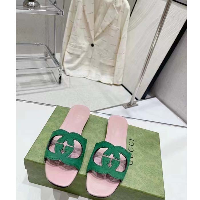 G*u*i unisex interlocking g cut-out slide sandal green pink suede flat