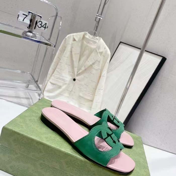 G*u*i unisex interlocking g cut-out slide sandal green pink suede flat
