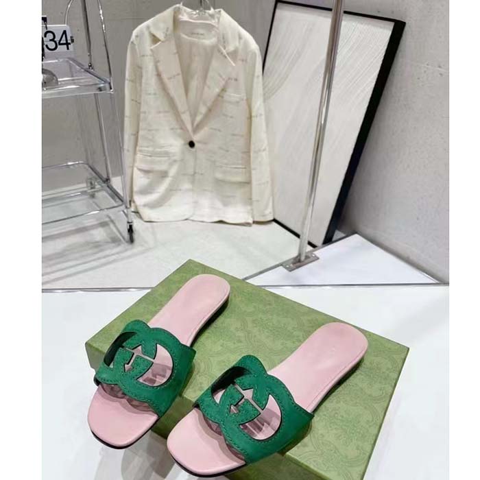 G*u*i unisex interlocking g cut-out slide sandal green pink suede flat