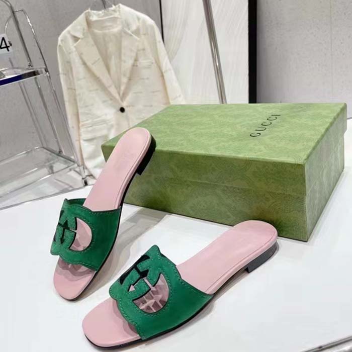 G*u*i unisex interlocking g cut-out slide sandal green pink suede flat