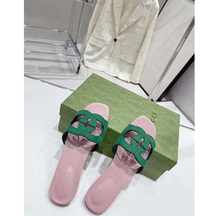 G*u*i unisex interlocking g cut-out slide sandal green pink suede flat