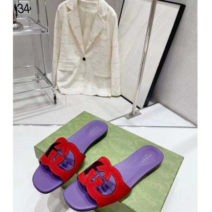 G*u*i unisex interlocking g cut-out slide sandal red purple suede flat